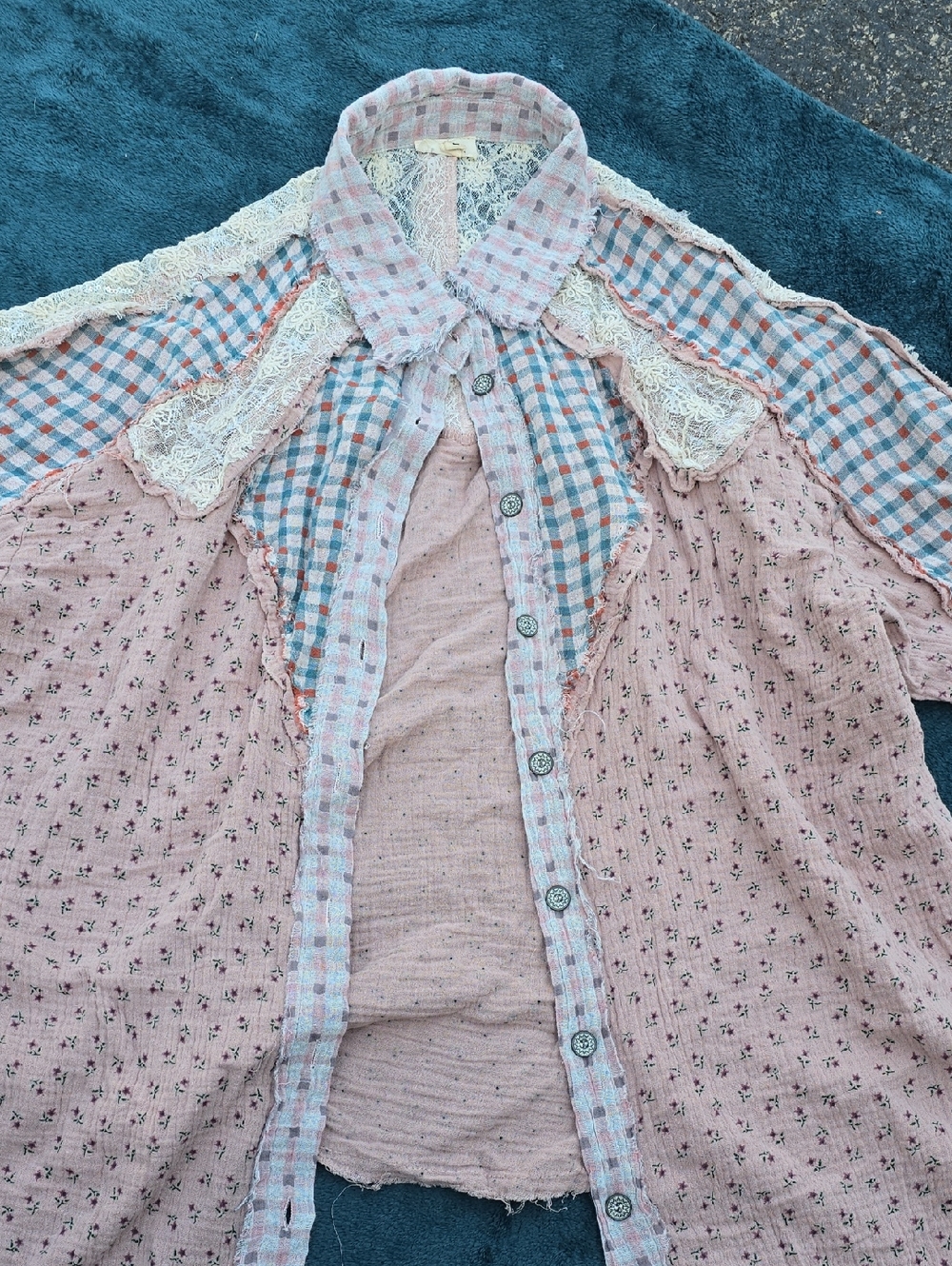 Pink Floral Patchwork Button-Up Shirt with Lace Trim